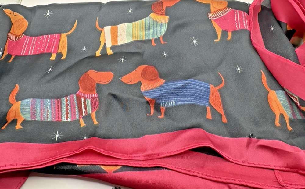 Saachi 27" Square Puppy Dog Canine Pink Border Black Background Dachshund Scarf